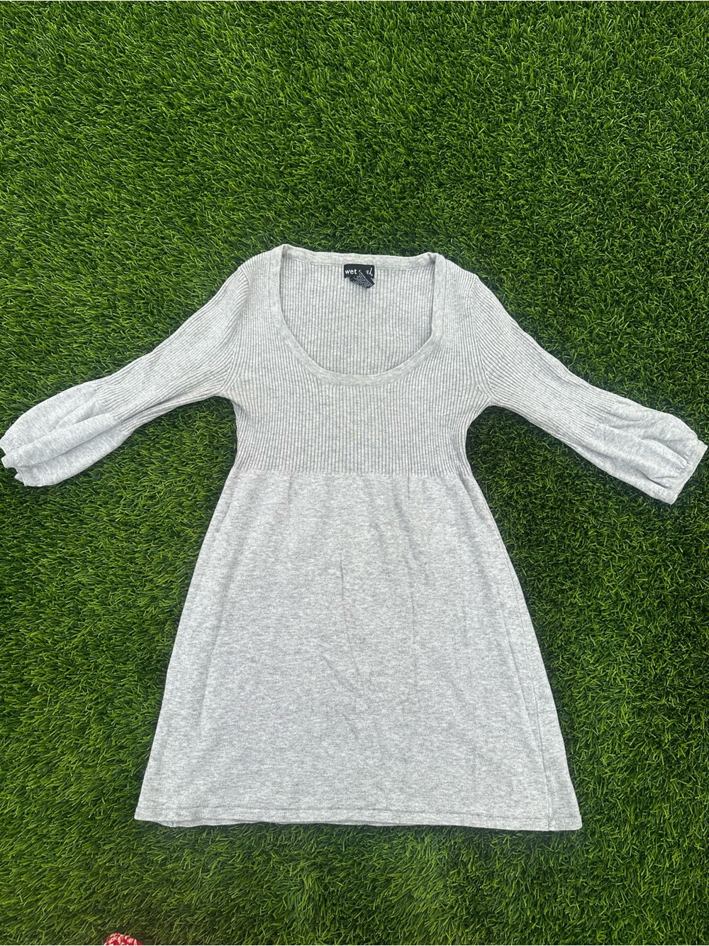 Wet Seal Gray Ribbed Knit Sweater Dress Balloon Sleeve S